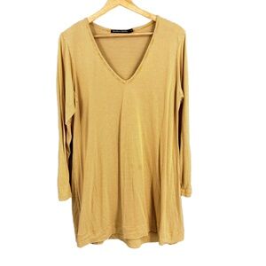 Gudrun Sjoden Tunic Top Yellow V-Neck Stripes Long Sleeve Lyocel Size Large